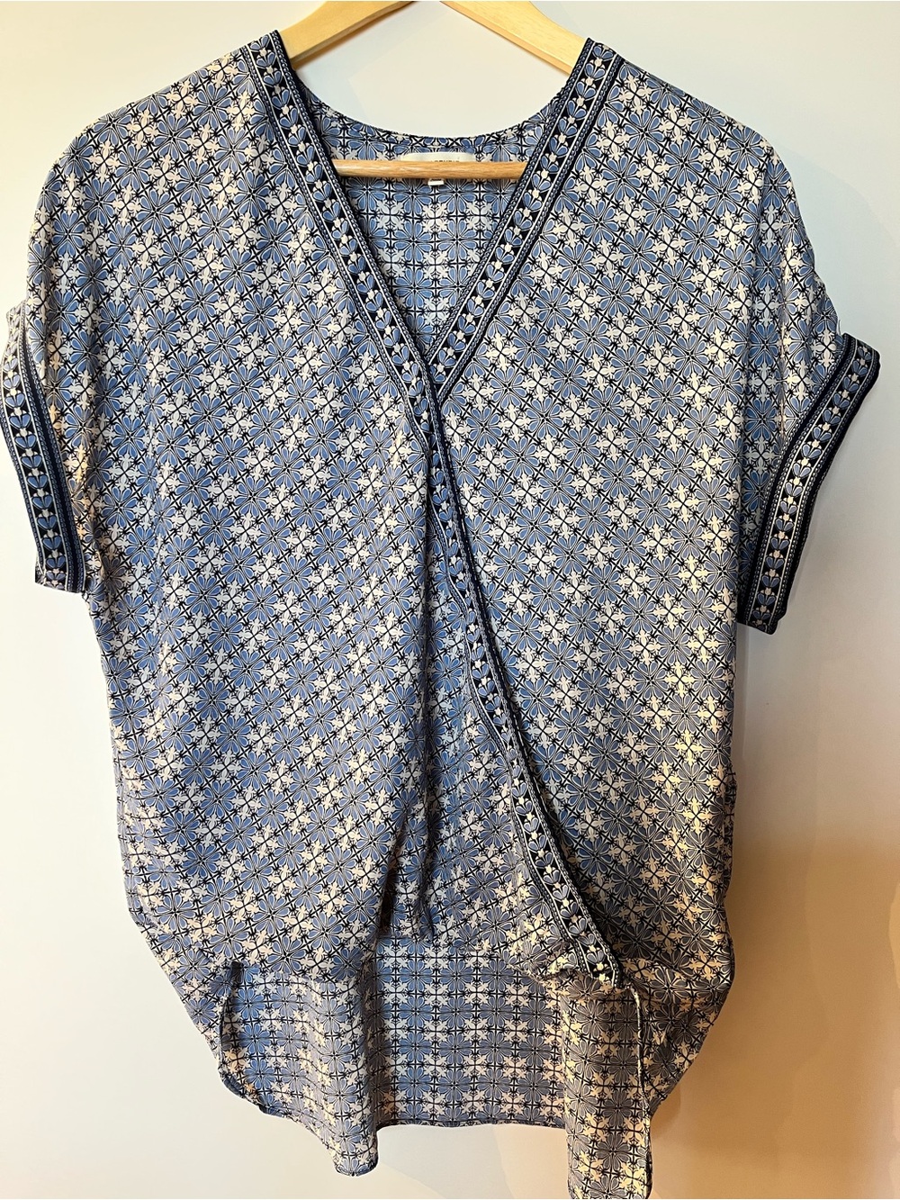 Max Studio Blue Geometric Faux Wrap Blouse – Short Sleeve Boho Top